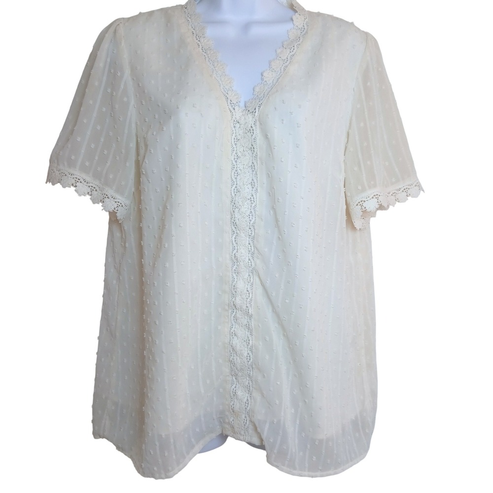 Women‎ Ivory Swiss Dot Lace Trim Blouse Boho Cottagecore Romantic Short Sleeve